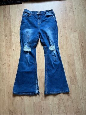 Pink Lily Blue Distressed Flare Jeans